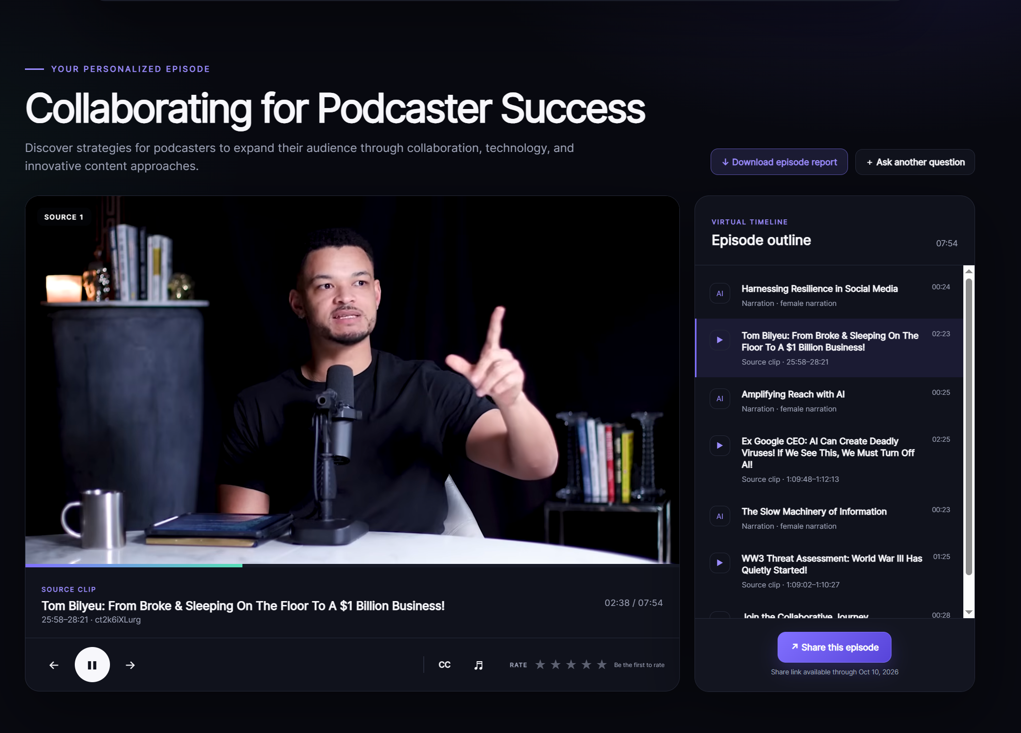 A completed Zaavle episode called Collaborating for Podcaster Success with source video and episode outline