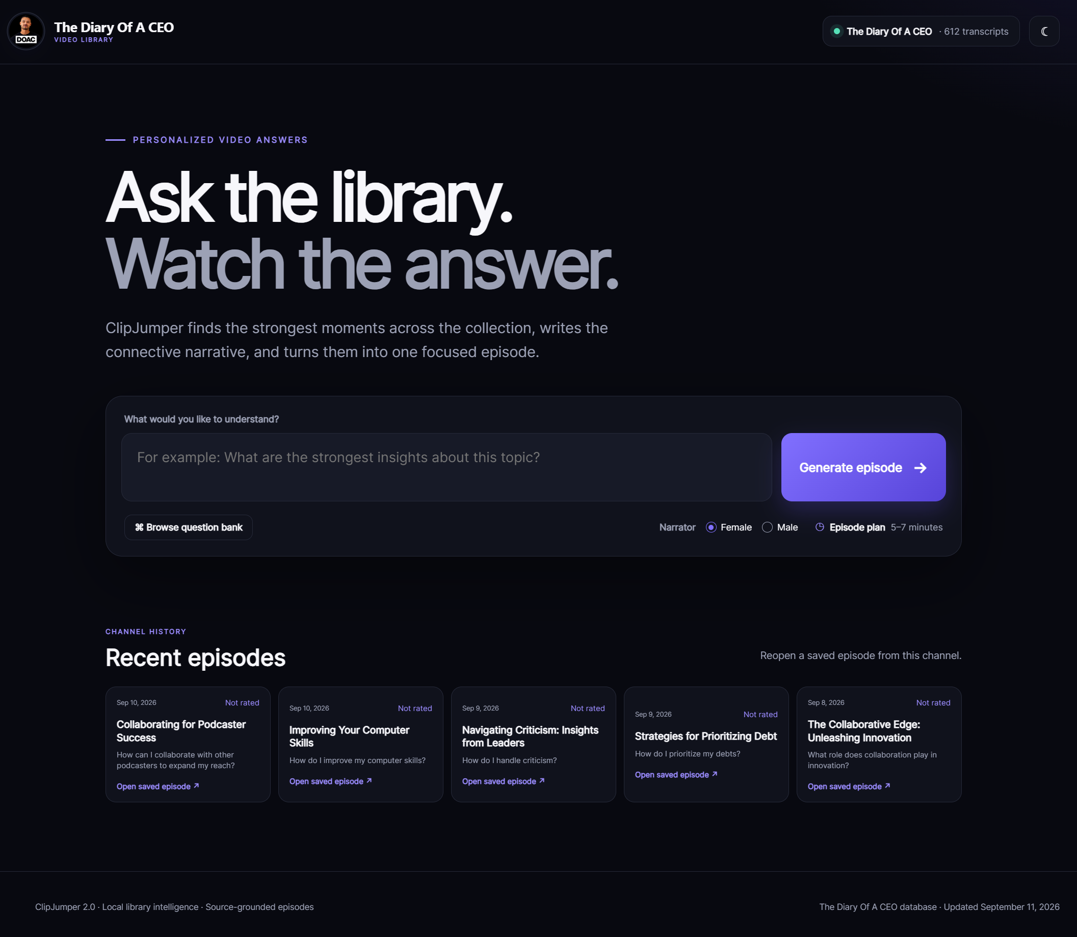 The live Diary of a CEO Zaavle library, showing its question composer and recent episodes